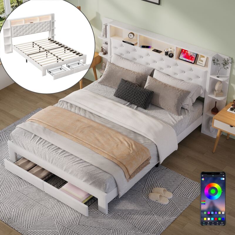 Lit avec tiroirs 140x200 cm, avec éclairage led télécommandé, ports usb et étagère de rangement tête de lit en velours, sommier à lattes, lit