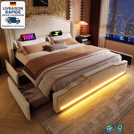 Lit avec tiroirs 140x200 cm, Lit adulte 140x200 cm -  sans matelas, lits doubles LED, USB, velours, beige