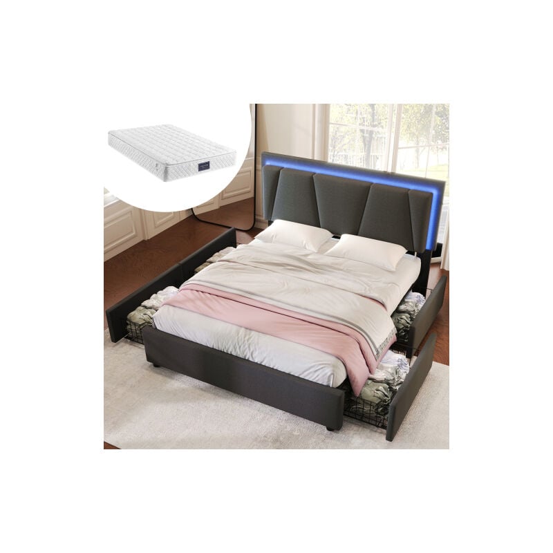 Lit Avec Tiroirs 160x200 cm, Lit Boxspring avec support latéral éclairage led, cadre de lit avec sommier à lattes coffre de lit, Gris avec matelas
