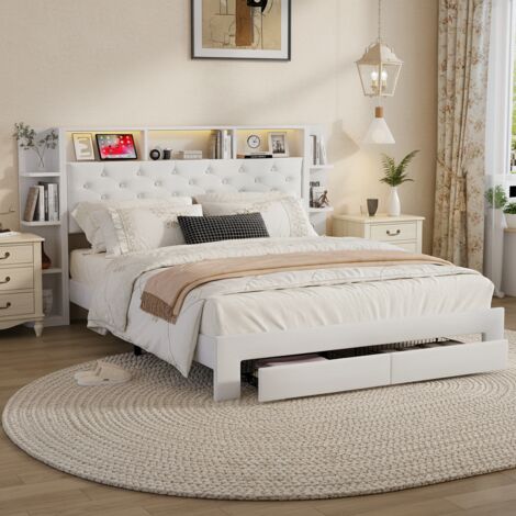 Lit avec tiroirs 140x200 cm, lit double avec 2 tiroirs et sommier à lattes, tête de lit avec rangement, éclairage USB et LED, design moderne,  flanelle, Blanc