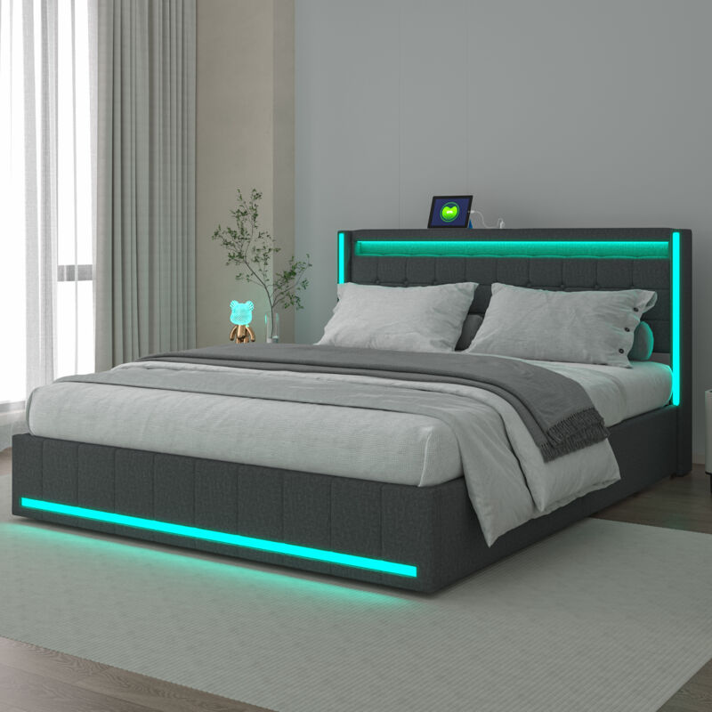 Lit avec Tiroirs 140x200 cm - Lit Double avec LED Réglable et Ports USB & Type-C - 4 Tiroirs sur Roulettes - Tissu en Lin - Gris