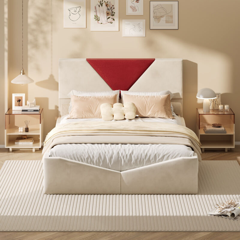 Lit avec tiroirs 140x190 cm - Lit double capitonné avec sommier à lattes et tête de lit design - Velours - Beige