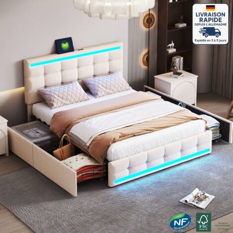 Lit avec tiroirs 140x200 cm,Lit adulte， Bois Certifié PEFC, Avec éclairage LED et 4 tiroirs-Beige