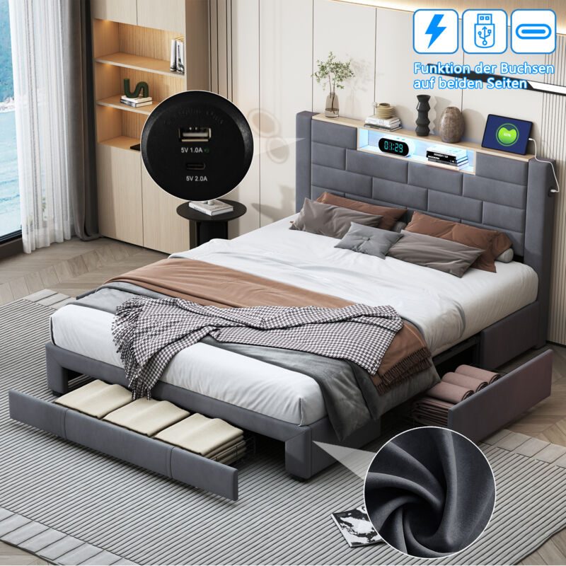 Lit avec tiroirs 140x200, Lit adulte 140x200, Lit double capitonné avec 3 Tiroirs, éclairage led, ports et prises usb, sommier à lattes, Velours, Gris