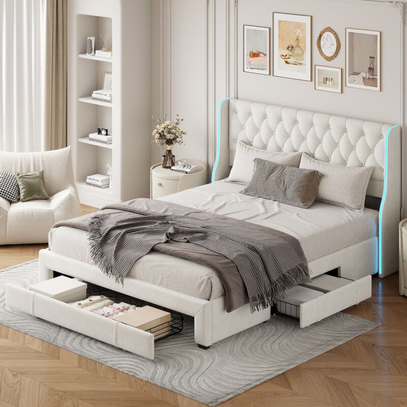 Lit avec tiroirs 140x200cm, avec 3 tiroirs, tête de lit décoration de rivets, Éclairage led, sommier à lattes, cadre de lit, Rangements, Lit adulte