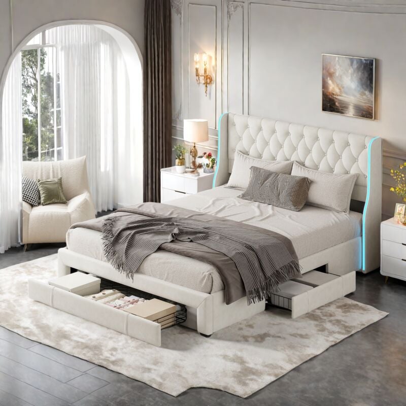 Lit avec tiroirs 160x200cm avec 3 tiroirs, Lit double avec tête de lit décoration de rivets, Éclairage led, sommier à lattes, cadre de lit,