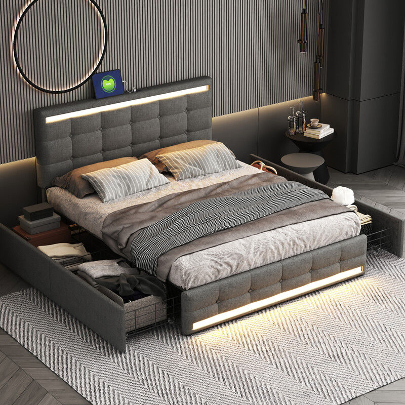 Lit avec tiroirs 140x200cm, lit adulte capitonné 140x200cm, avec 4 tiroirs et éclairage led, lit double avec tête de lit et 2 usb port charge,