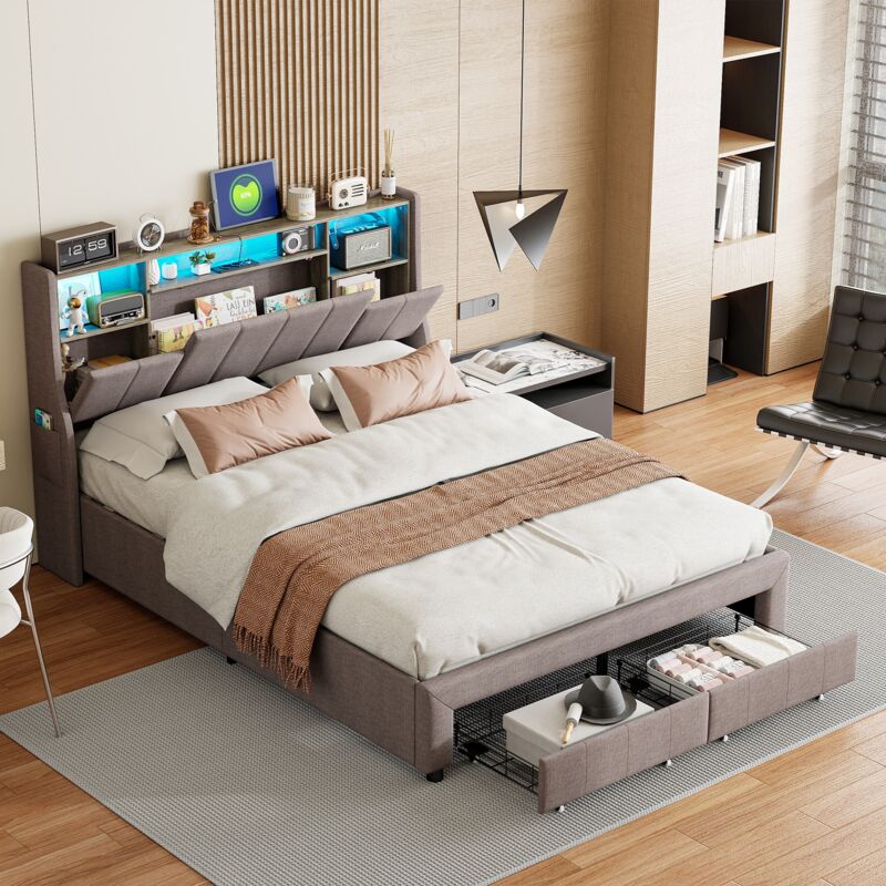 Lit 140x200cm, lit capitonné avec 2 tiroirs, bande lumineuse led, port de chargement usb, tête de lit rabattable avec rangement, sommier à lattes en