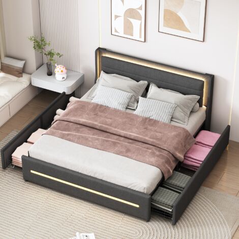 Lit avec tiroirs 140x200cm, Lit capitonné avec 4 tiroirs et tête de lit avec éclairage LED, Lit double avec sommier à lattes, tissu lin, lit adulte - Gris