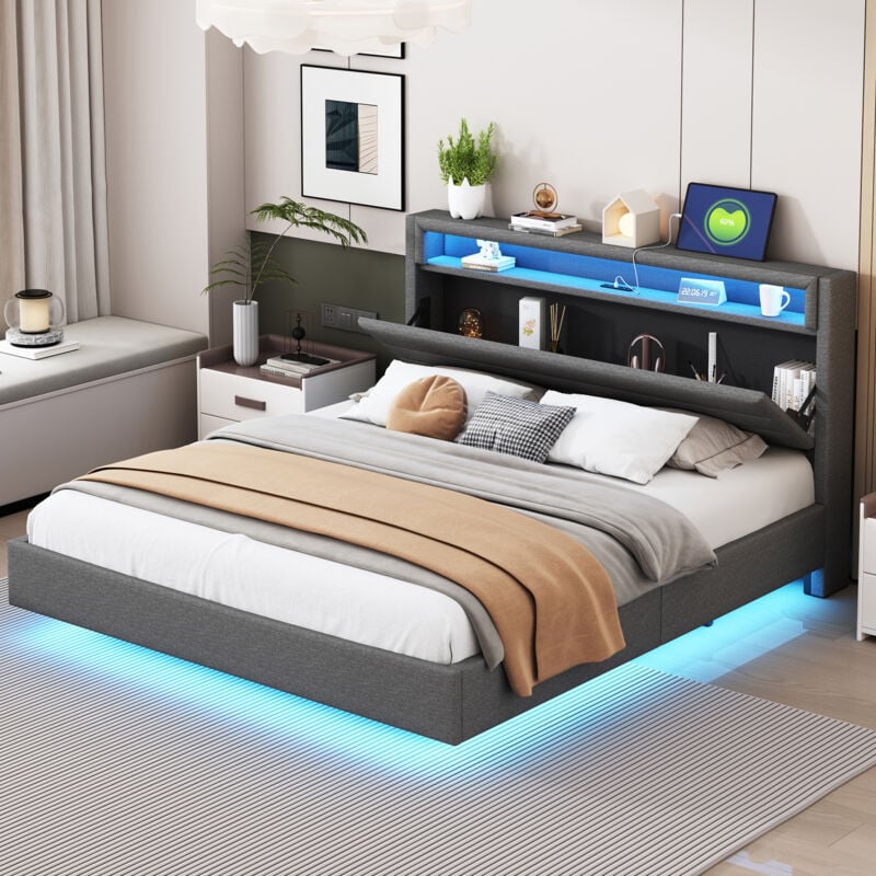Lit double adulte, tête de lit avec rangement, usb, led, sans matelas, 160x200 cm, gris foncé