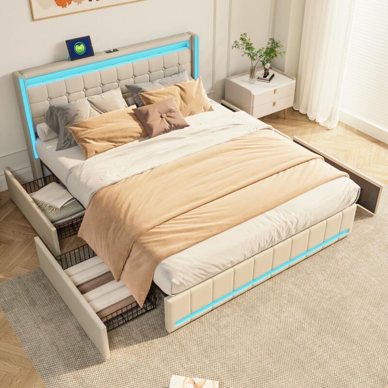 Lit double 160x200cm avec 4 tiroirs, sommier à lattes, tête de lit éclairée led avec USB/Typc-C, tissu lin, lit adulte capitonné - Beige