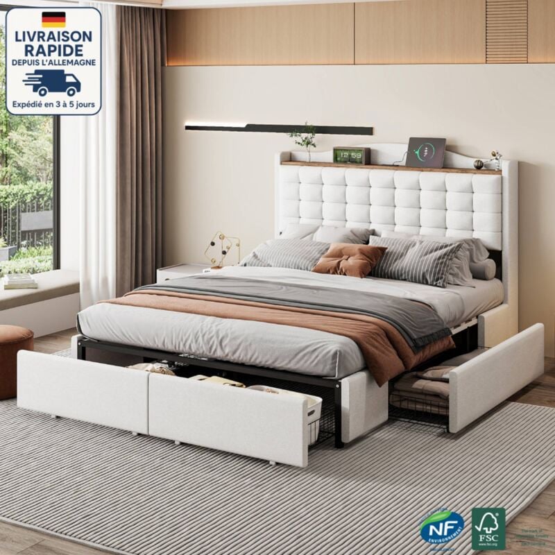 Lit avec tiroirs 140x200cm lit doubles pour adultes/enfants, 4 tiroirs, usb, lin, sans matelas, beige