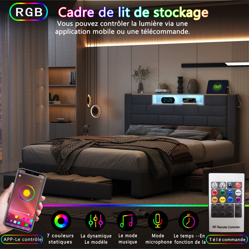 Lit avec tiroirs 160x200cm,tête de lit led avec recharge USB,lit capitonné avec sommier à lattes,lit adulte avec 3 tiroirs,lit double,Velours, Gris