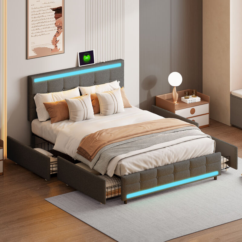 Lit avec tiroirs 140x200,Lit double capitonné avec éclairage led, port de recharge usb et tête de lit réglable en hauteur, lit adulte avec