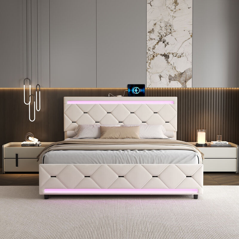 Lit avec tiroirs 160 x 200 cm avec LED et Ports USB, Lit Double avec Sommier à Lattes, Design Hexagonal Moderne, Velours, Beige
