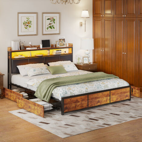 Lit avec tiroirs 160x200 cm, avec 4 tiroirs, éclairage LED, Lit adulte double avec sommier à lattes en métal, tête de lit capitonné avec rangement, Noir