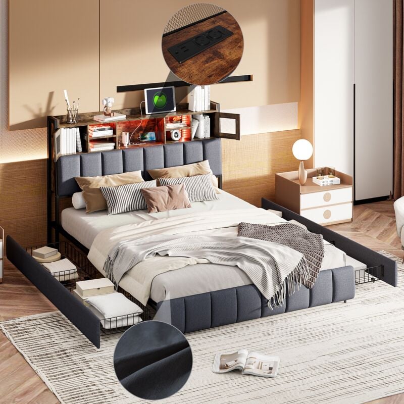 Lit avec tiroirs 160x200cm - avec 4 tiroirs et tête de lit rangements, port de charge USB et Type-C, sommier à lattes, éclairage LED, lit adulte en