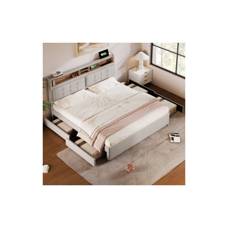 Hengmei - Lit Avec Tiroirs avec prise électrique et ports usb Tête de lit de rangement avec 4 tiroirs Cadre de lit en lin Lit double 140x200cm,