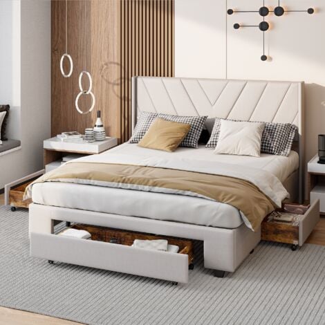 Lit avec tiroirs 160x200 cm, tissu lin, avec 3 tiroirs, lit double avec sommier à lattes, tête de lit à rayures, cadre de lit en métal, lit adulte de style scandinave, Beige