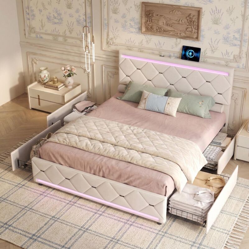 Lit avec tiroirs 160x200 cm, velours, lit double avec 4 tiroirs, éclairage led et usb, décoration diamant, sommier à lattes en bois, design, Beige