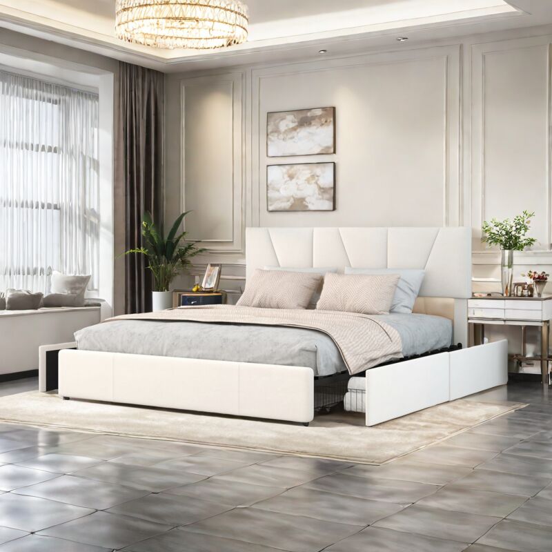 Lit 160x200 cm, tissu velours, lit double avec 4 tiroirs de rangement, tête de lit réglable en hauteur, sommier à lattes, cadre de lit, lit adulte