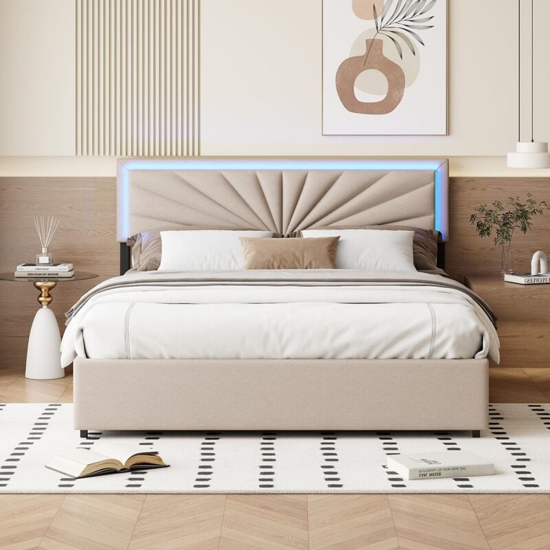lit avec tiroirs 140x200cm avec 4 tiroirs et éclairage led, lit capitonné avec sommier à lattes et tête de lit, style minimaliste - beige - beige