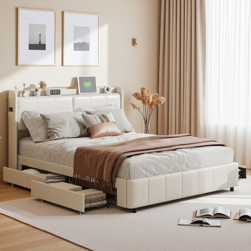 Lit double 140x200cm avec tiroirs, Lit capitonné avec 4 tiroirs, port de recharge usb et Type-C, avec tête de lit éclairée led, sommier à lattes, lit