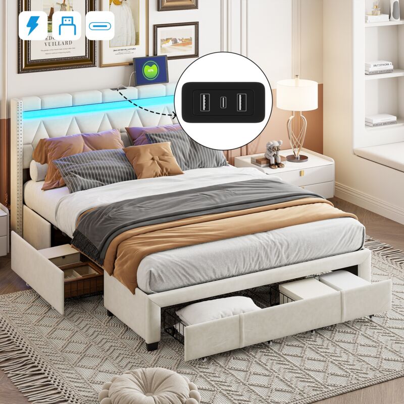 Lit avec tiroirs 140x200cm, lin, Lit double avec 4 tiroirs, Tête de lit décorée de diamants avec charge usb et éclairage led, Cadre de lit, Sommier à