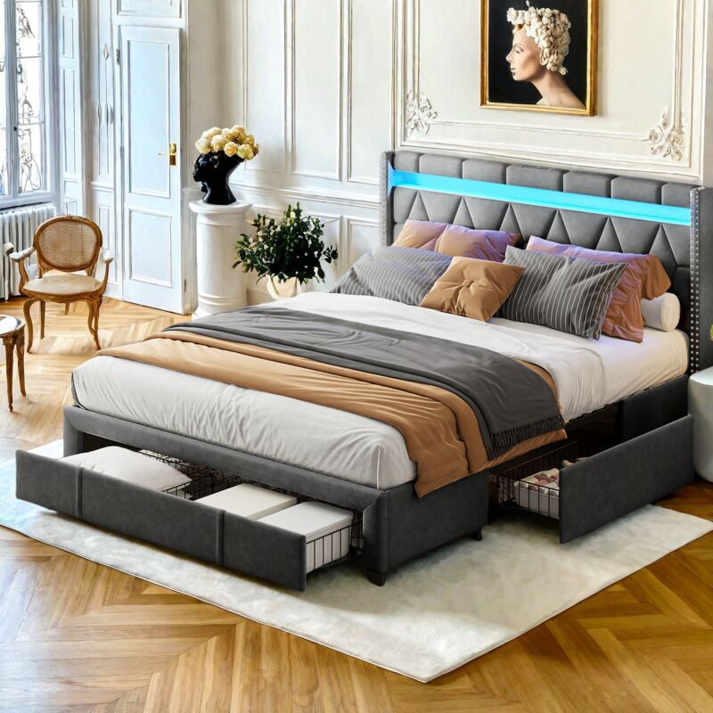 Lit double avec tiroirs 160x200cm, lin, avec 4 tiroirs, tête de lit décorative en forme de losange avec USB et éclairage LED, cadre de lit, sommier à