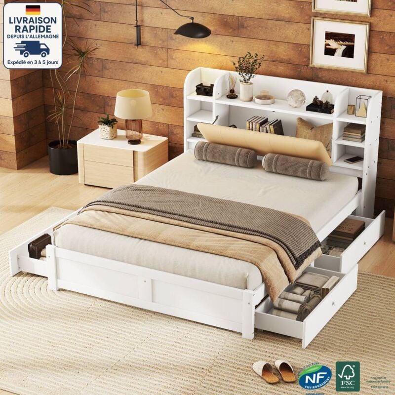 Lit avec tiroirs 160x200cm, lit double adulte, tête de lit avec rangement, 4 tiroirs, en bois, sans matelas, blanc