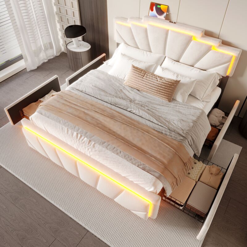 Lit avec tiroirs 160x200cm, lit double avec sommier à lattes, 4 tiroirs, tête de lit réglable avec led intégrée, interface USB/Type-C, velours,