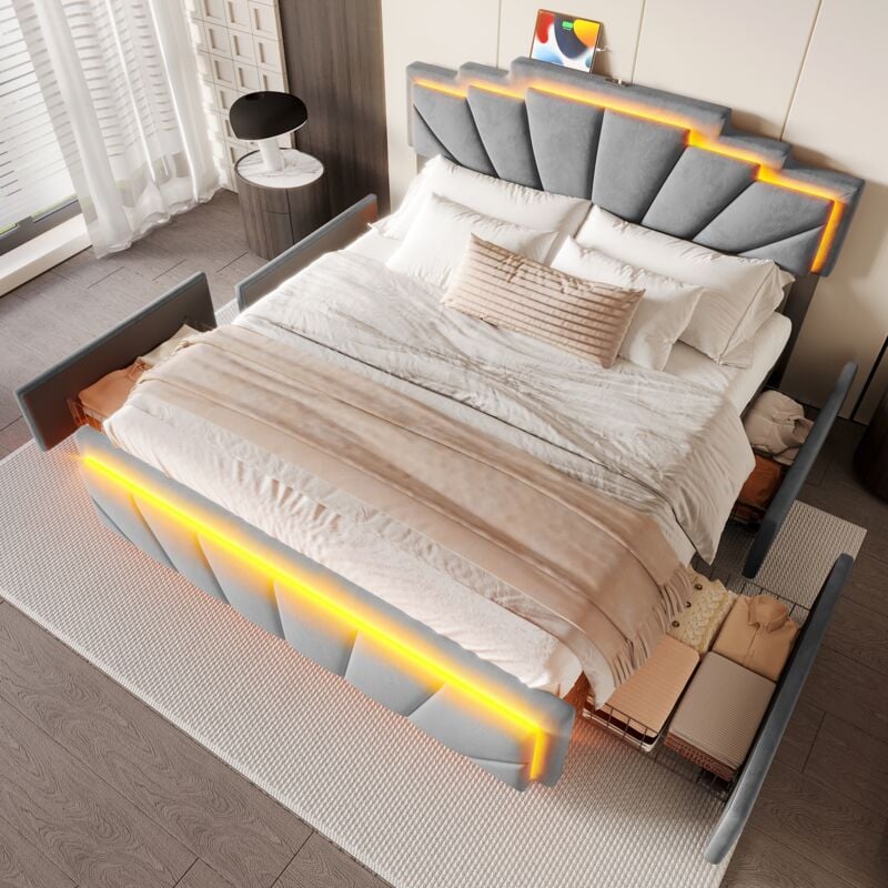 Lit avec tiroirs 160x200cm, lit double avec sommier à lattes, 4 tiroirs, tête de lit réglable avec led intégrée, interface USB/Type-C, velours,