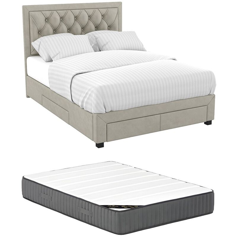Vente-unique - Lit avec tiroirs 180 x 200 cm - Tissu velours - Beige + Matelas - leopold