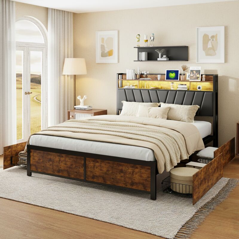 Lit avec tiroirs 160x200 cm - avec 4 tiroirs, tête de lit avec éclairage led et port de chargement usb, base en métal, lit adulte de style