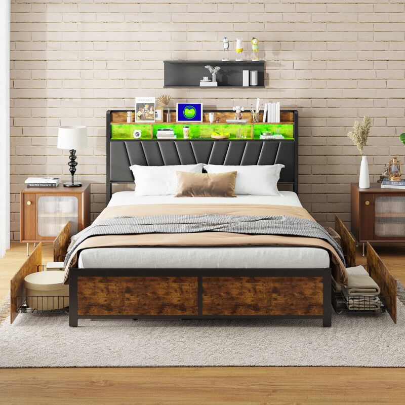 Lit avec tiroirs 140x200 cm - avec 4 tiroirs, tête de lit avec éclairage LED et port de chargement USB, base en métal, lit adulte de style
