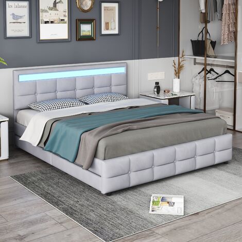 ELBS Lit avec tiroirs 180x200 cm, lit double avec 4 tiroirs, sommier à lattes et dossier, lit double en velours doux pour la peau pour adultes et adolescents, gris (sans matelas)