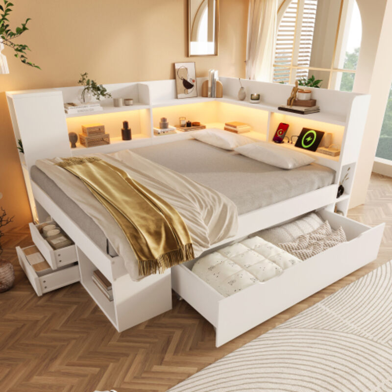 Lit avec tiroirs 140x200 cm - Lit double, avec éclairage LED, station de charge USB/Type-C, étagères de rangement, tiroirs, sommier à lattes - Blanc