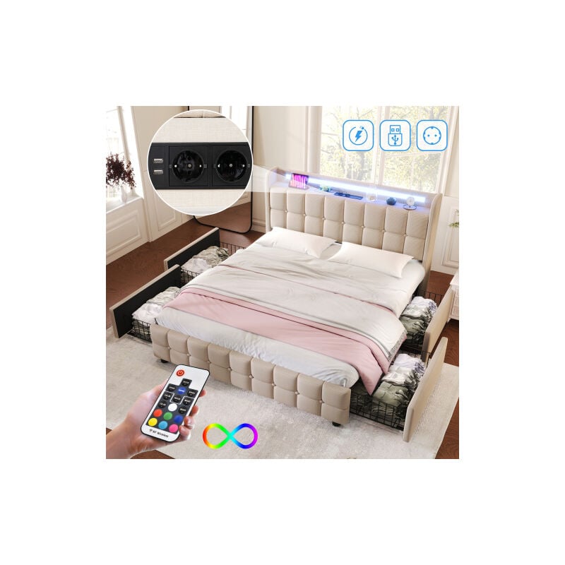 Sureh - Lit avec Tiroirs 180x200 cm,lit adulte avec rangement, Lit double capitonné avec 4 Tiroirs,éclairage led et fonction de chargement usb, tissu