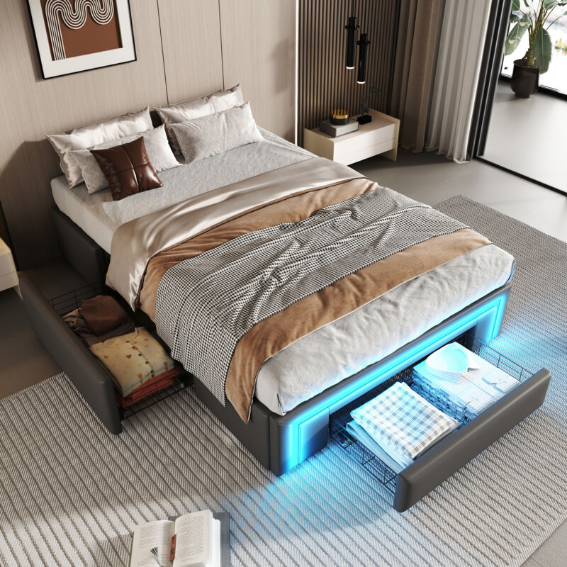 Modenvie Bettgestell Mit Lattenrost, jugendbett 90x200 Mit Stauraum, stauraumbett Mit Led-lichtleiste, plattformbett Ohne Kopfteil, ohne Matratze