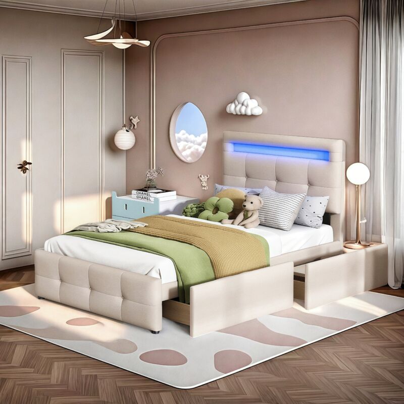 Lit avec tiroirs 90 x 200 cm - tissu lin, tête de lit réglable en hauteur, 2 tiroirs, éclairage led, sommier à lattes, lit enfant simple - lit ado