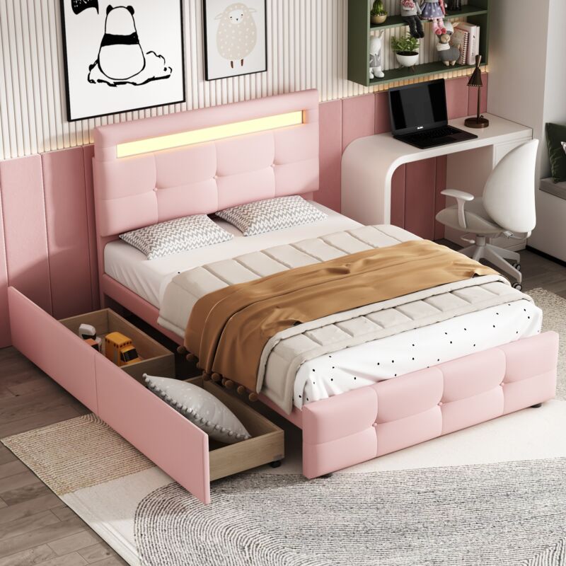 Lit avec tiroirs 90 x 200 cm - tissu lin, tête de lit réglable en hauteur, 2 tiroirs, éclairage led, sommier à lattes, lit enfant simple - lit ado