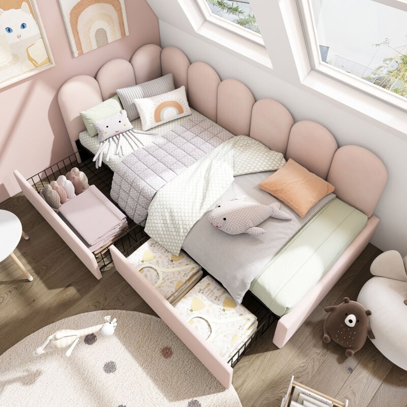 Lit avec tiroirs 90x190cm avec 2 tiroirs, canapés-Lit simples pour enfants, sommier à lattes, velours, sans matelas, rose