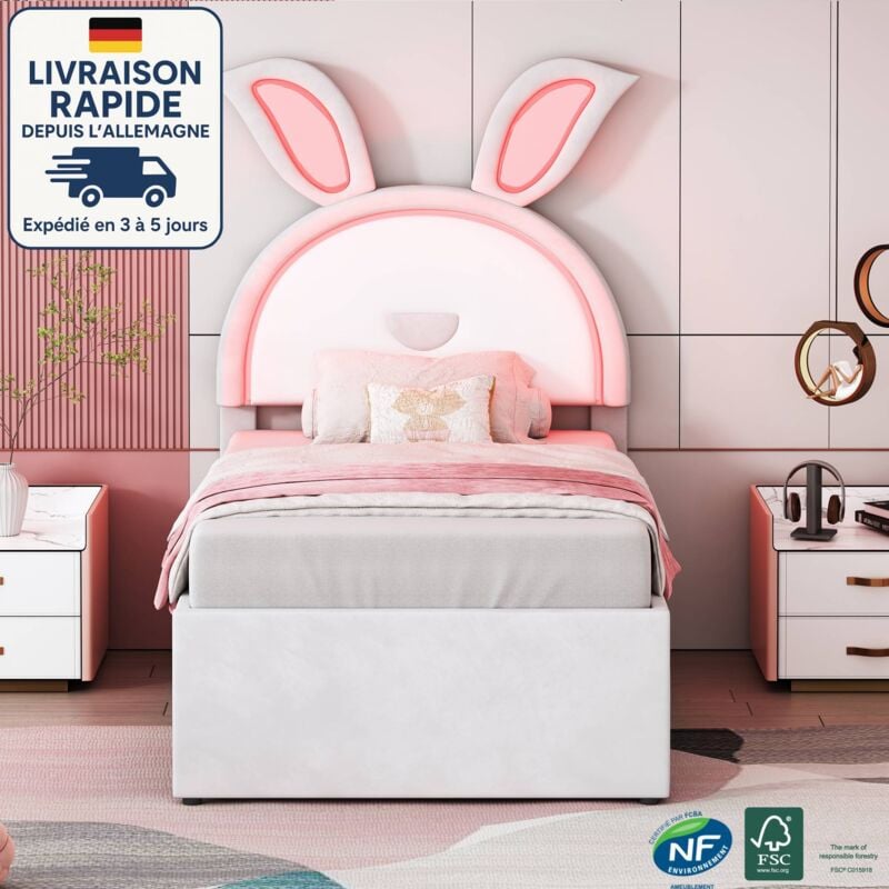 Lit avec tiroirs 90x200 cm, velours, forme dessin animé, lit enfant avec lit gigogne 90x190 cm, 3 tiroirs, sans matelas, beige