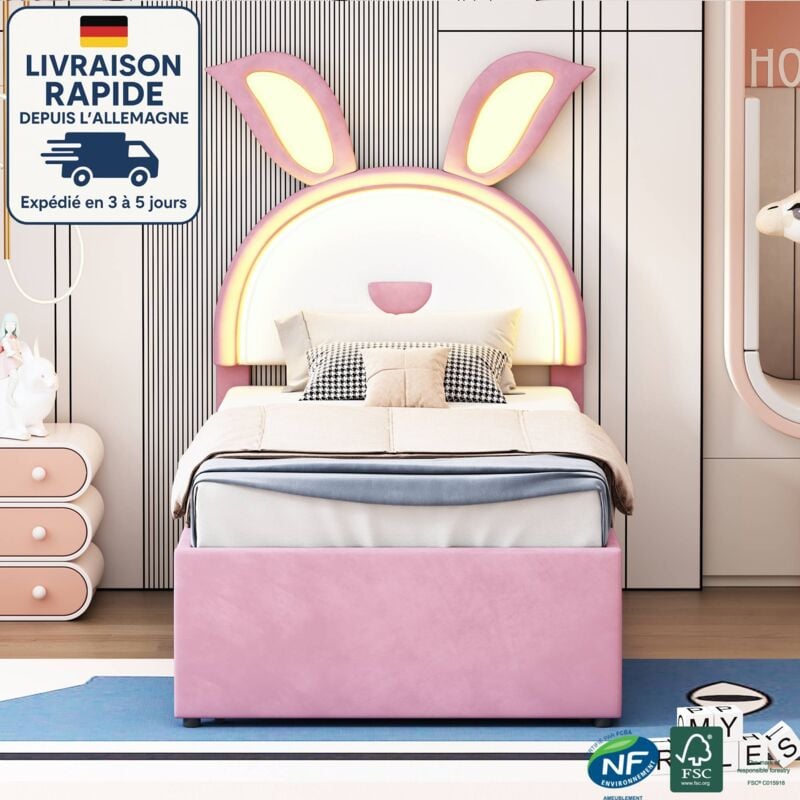 Lit avec tiroirs 90x200 cm, velours, forme dessin animé, lit enfant avec lit gigogne 90x190 cm, 3 tiroirs, sans matelas, rose