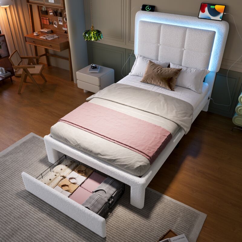Tanant - Lit avec tiroirs 90x200cm, lit double avec sommier à lattes, éclairage led intégré et port usb, tête de lit rembourrée réglable, cadre de