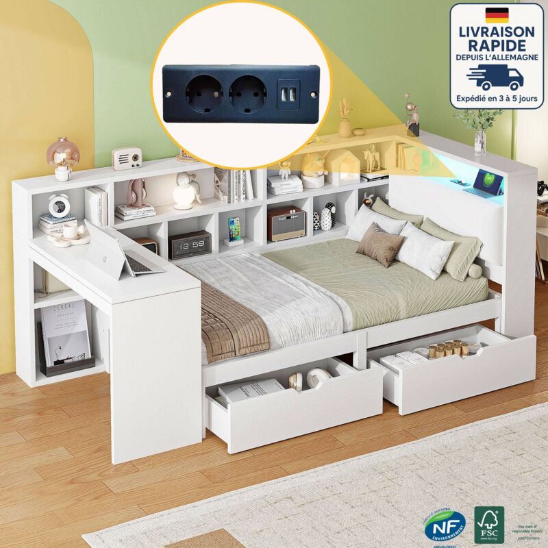 Lit avec tiroirs 90x200CM - Lit plateforme en bois en forme de L avec bureau et bibliothèque, lit capitaine d'angle avec tête de lit rembourrée,