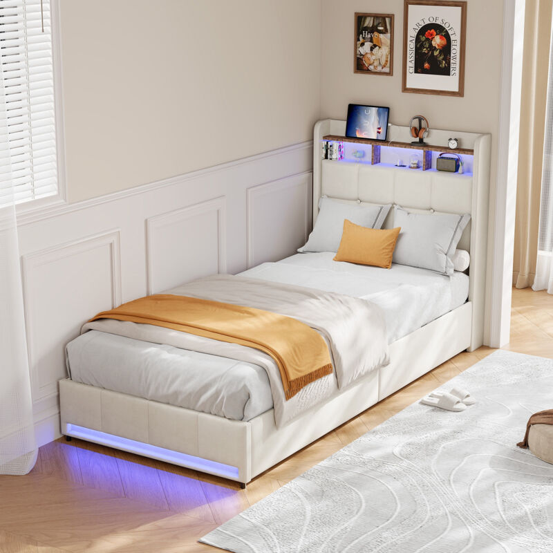 Lit avec tiroirs 90x200cm Simple Adulte avec Tête de Lit Rangement, LED Intégrées et Ports USB/Type-C, en Lin, Beige