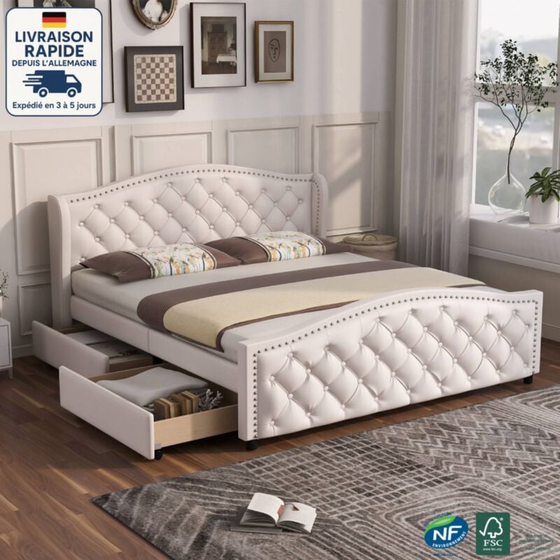 Lit avec tiroirs, dimensions 160x200 cm, lit double pour adultes avec 2 tiroirs, revêtement en pu, sans matelas, couleur blanc