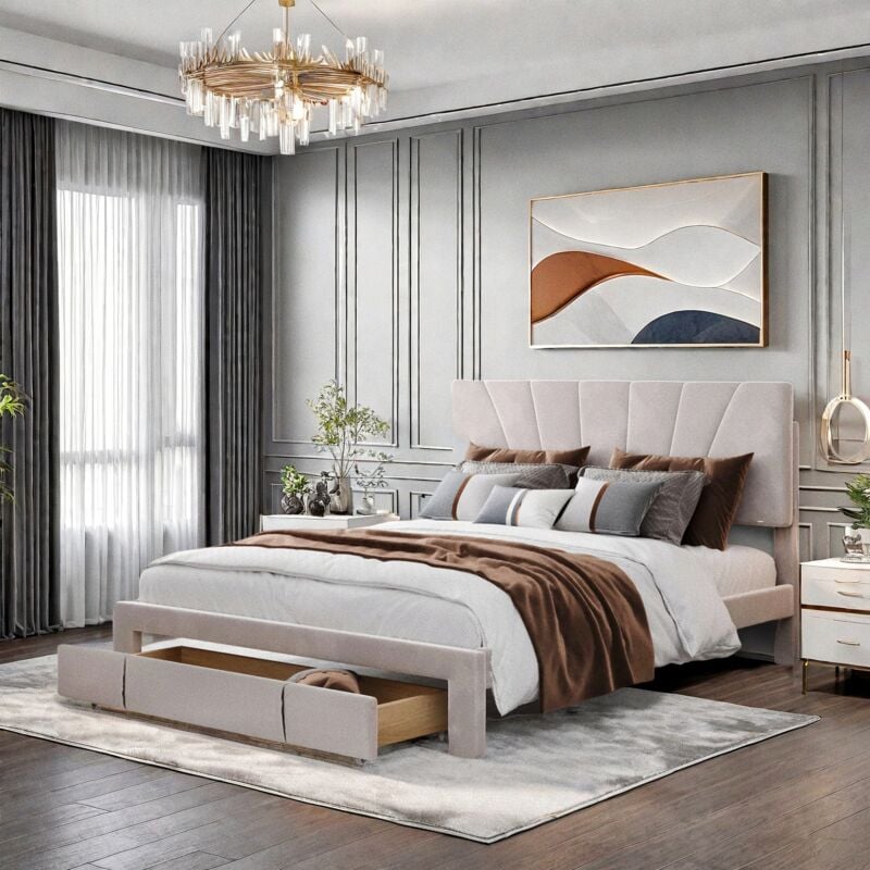 Lit avec tiroirs 140x200cm, dossier confortable, avec tiroirs et tête de lit, velours, lit pour adultes et adolescents, lit adulte Scandinave, Beige