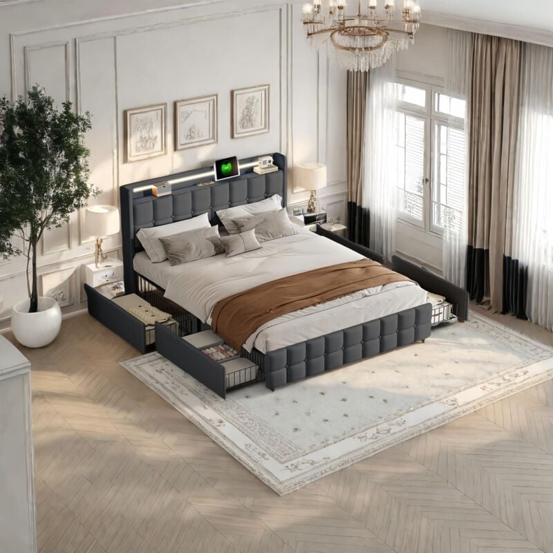 Lit avec tiroirs 160x200cm - avec 4 tiroirs et tête de lit, port de recharge usb et Type-C, sommier à lattes, avec éclairage led, rangements, lit